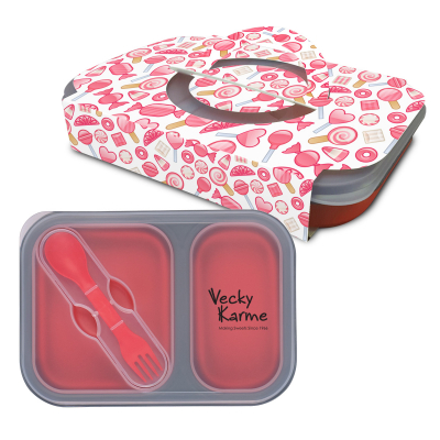 Collapsible 2-Section Food Container And Dual Utensil With Custom Handle Box