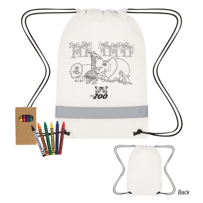 Lil Bit Reflective Non-Woven Coloring Drawstring Bag With Crayons